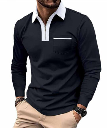 Men's Color Block Pocket Long Sleeve POLO Shirt