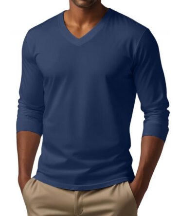 Men's Casual V-neck Cotton Blended Slim Fit Long Sleeve T-shirt