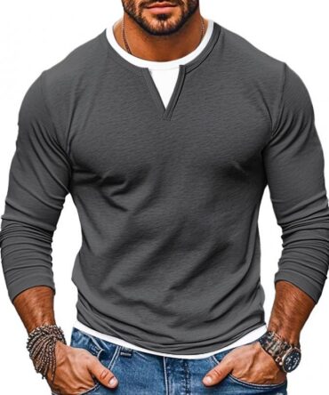 Men's Casual Color Matching Fake Two-Piece Double-Layer V-Neck Long-Sleeved T-Shirt