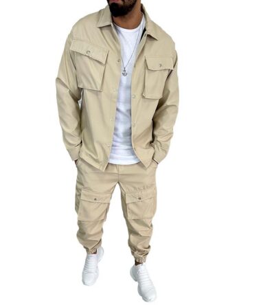 Men's Solid Color  Lapel Single Breasted Jacket Trousers Cargo Set