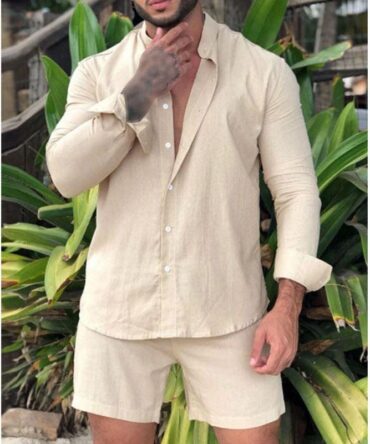 Men's Solid Color Long Sleeve Shirt Shorts Two Piece Set