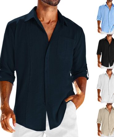 Casual Long Sleeve Shirt With Pocket Lace Polo Collar Solid Color Button Mens Clothing