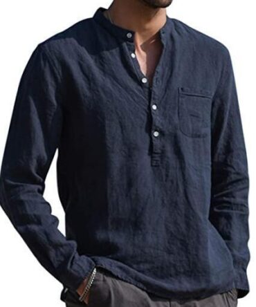 Men's Long Sleeved V Neck Casual Beach Linen Shirt For Men