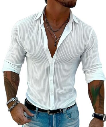Men's Solid Color Striped Lapel Long Sleeve Shirt