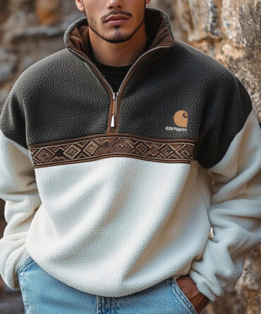 Unisex Vintage Polar Fleece Contrast Color Casual Polo Sweatshirt