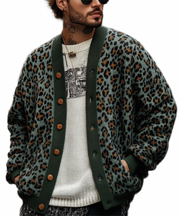 Men's Vintage Leopard Jacquard Colorblock Single Breasted Cardigan