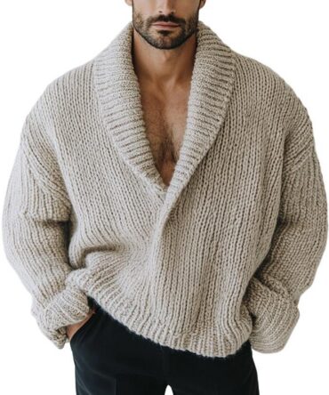 Men's Fashion Oversize Style Solid Color Lapel Long Sleeve Casual Knit Sweater