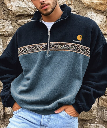 Unisex Vintage Polar Fleece Casual Contrast Color Polo Sweatshirt