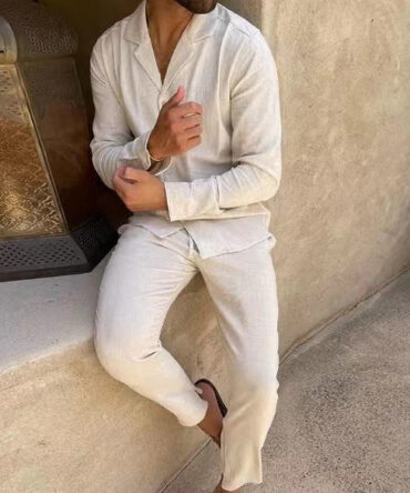 Men's Fashion Lapel Single-Breasted Long-Sleeved Shirt and Slim-Fit Trousers Set