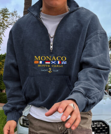 Vintage Unisex Monaco Monte Carlo Yachting Polo Neck Sweatshirt Zipper Half Open Collar Pullover Sweatshirt