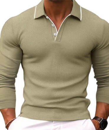 Men's Solid Color Lapel Slim Fit Long Sleeve Polo Shirt